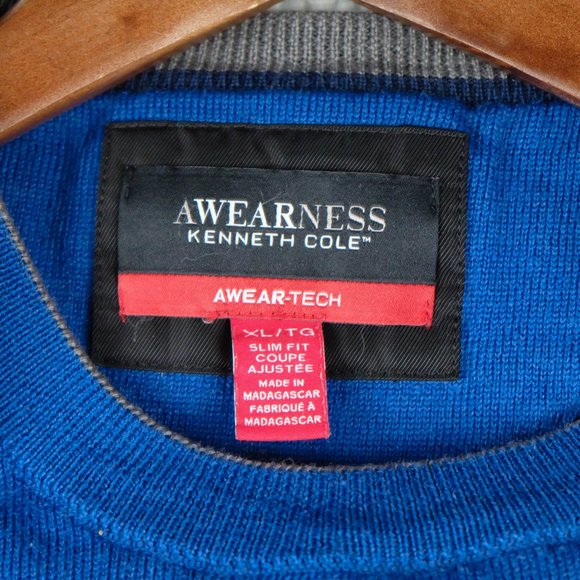 Awearness Kenneth Cole Sweater Mens Extra Large Blue Merino Wool Crew Stretch - Picture 7 of 8